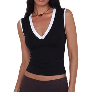 Women Deep V Neck Tops Sexy Sleeveless Crop Top Stretchy Trendy Going Out Tank Top Cute Summer Clothes(Color Block-black&white)