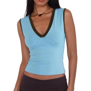 Women Deep V Neck Tops Sexy Sleeveless Crop Top Stretchy Trendy Going Out Tank Top Cute Summer Clothes(Color Block-blue&brown)