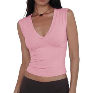 Women Deep V Neck Tops Sexy Sleeveless Crop Top Stretchy Trendy Going Out Tank Top Cute Summer Clothes(Pink)