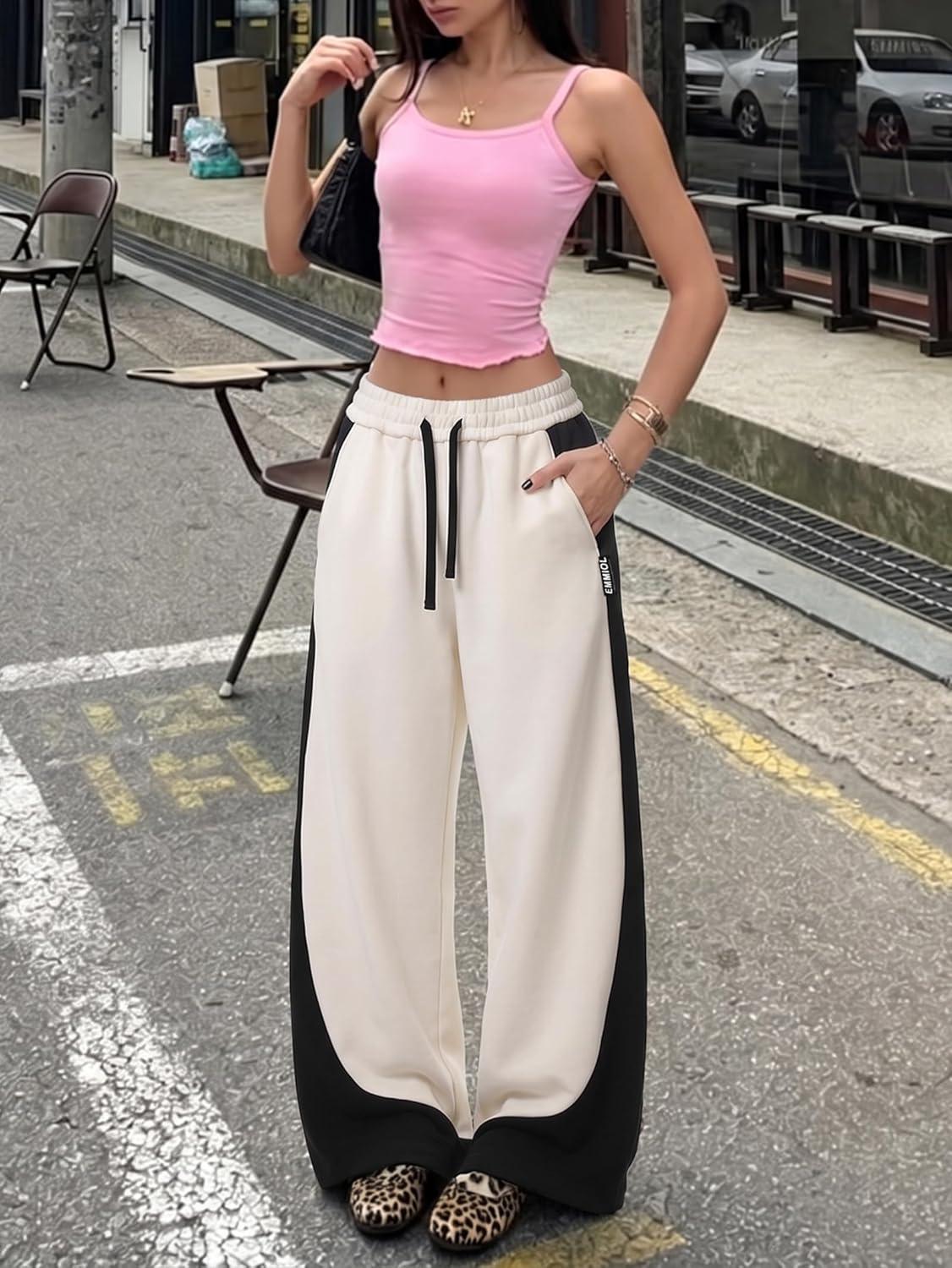 image:imageEMMIOL High Waisted Comfy Baggy Y2K Barrel Leg Sweatpants for Women Contrast Side Wide Leg Streetwear Joggers with PocketsApricot