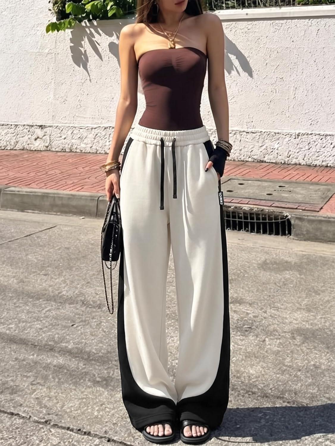 image:imageEMMIOL High Waisted Comfy Baggy Y2K Barrel Leg Sweatpants for Women Contrast Side Wide Leg Streetwear Joggers with PocketsApricot