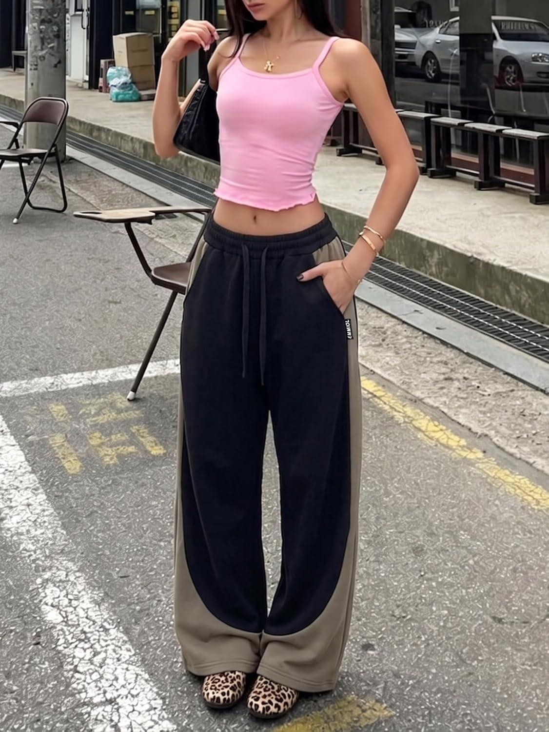 image:imageEMMIOL High Waisted Comfy Baggy Y2K Barrel Leg Sweatpants for Women Contrast Side Wide Leg Streetwear Joggers with PocketsDark Green