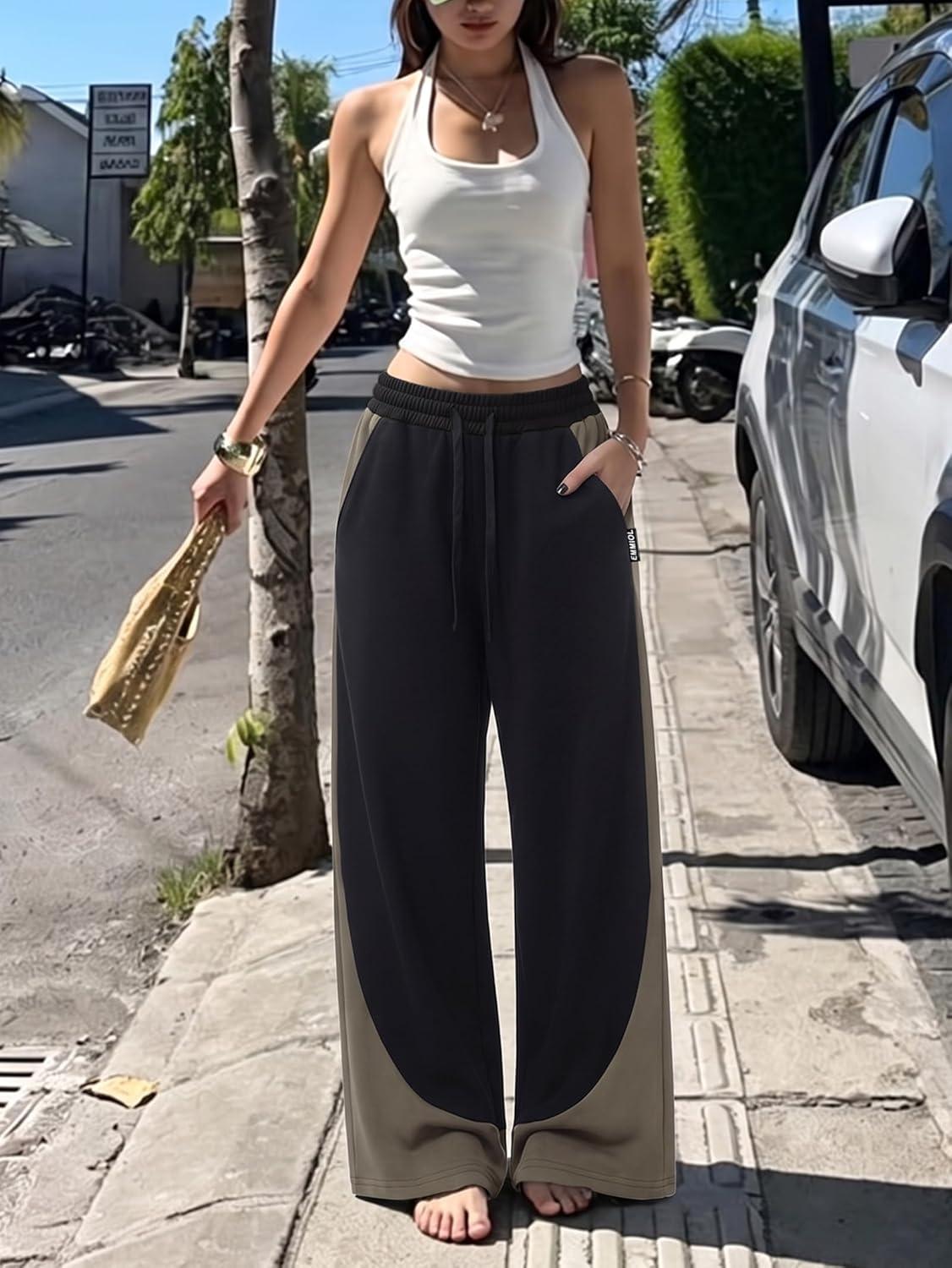 image:imageEMMIOL High Waisted Comfy Baggy Y2K Barrel Leg Sweatpants for Women Contrast Side Wide Leg Streetwear Joggers with PocketsDark Green