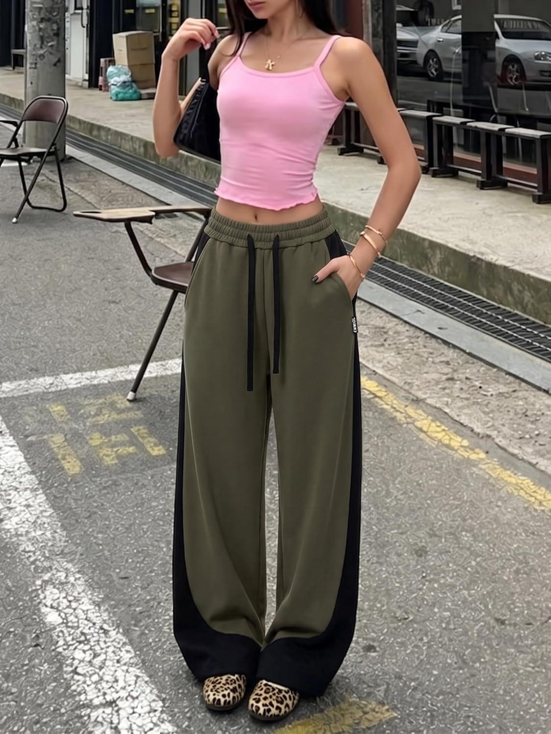 image:imageEMMIOL High Waisted Comfy Baggy Y2K Barrel Leg Sweatpants for Women Contrast Side Wide Leg Streetwear Joggers with PocketsGreen