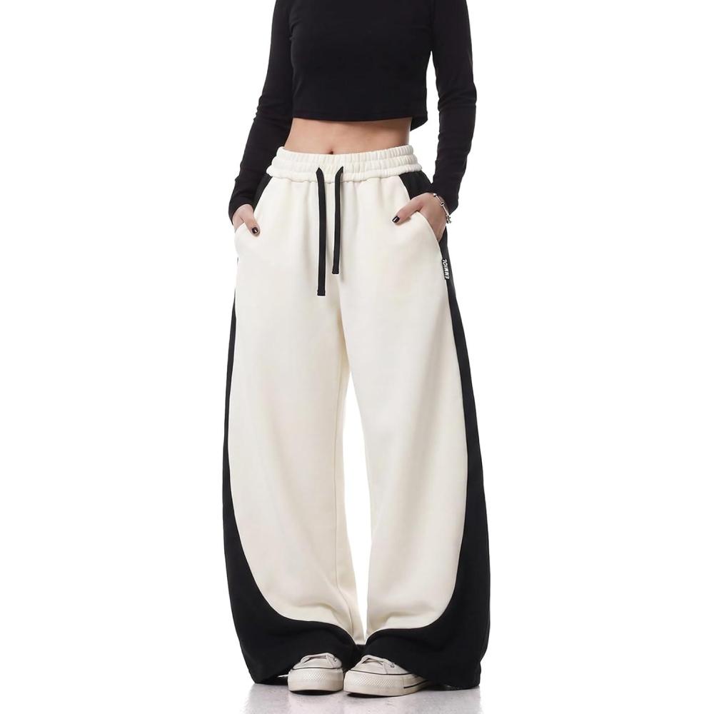 image:imageEMMIOL High Waisted Comfy Baggy Y2K Barrel Leg Sweatpants for Women Contrast Side Wide Leg Streetwear Joggers with PocketsApricot
