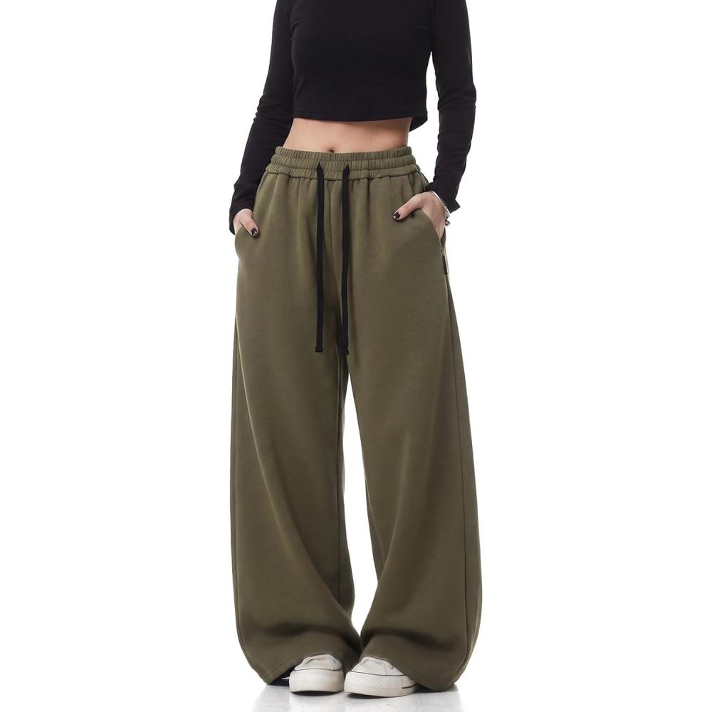 image:imageEMMIOL High Waisted Comfy Baggy Y2K Barrel Leg Sweatpants for Women Contrast Side Wide Leg Streetwear Joggers with PocketsBottle Green
