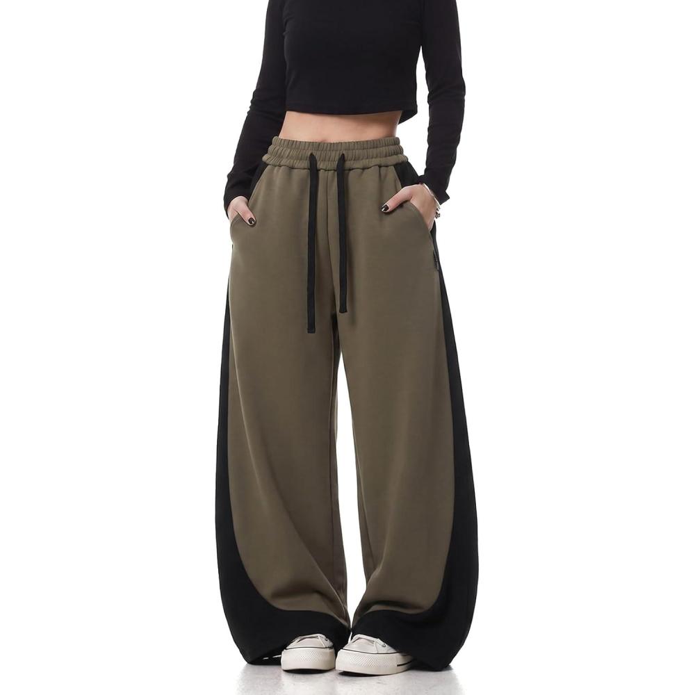 image:imageEMMIOL High Waisted Comfy Baggy Y2K Barrel Leg Sweatpants for Women Contrast Side Wide Leg Streetwear Joggers with PocketsGreen