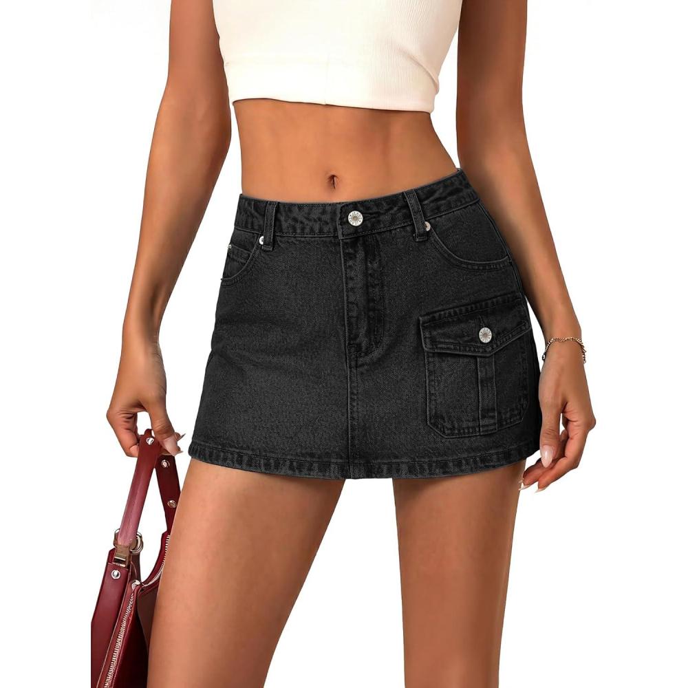 image:imageEMMIOL Jean Skirts for Women Denim Y2k A Line Mini Skirt with Shorts Stretchy Pockets Summer Skort TrendyCargo Black