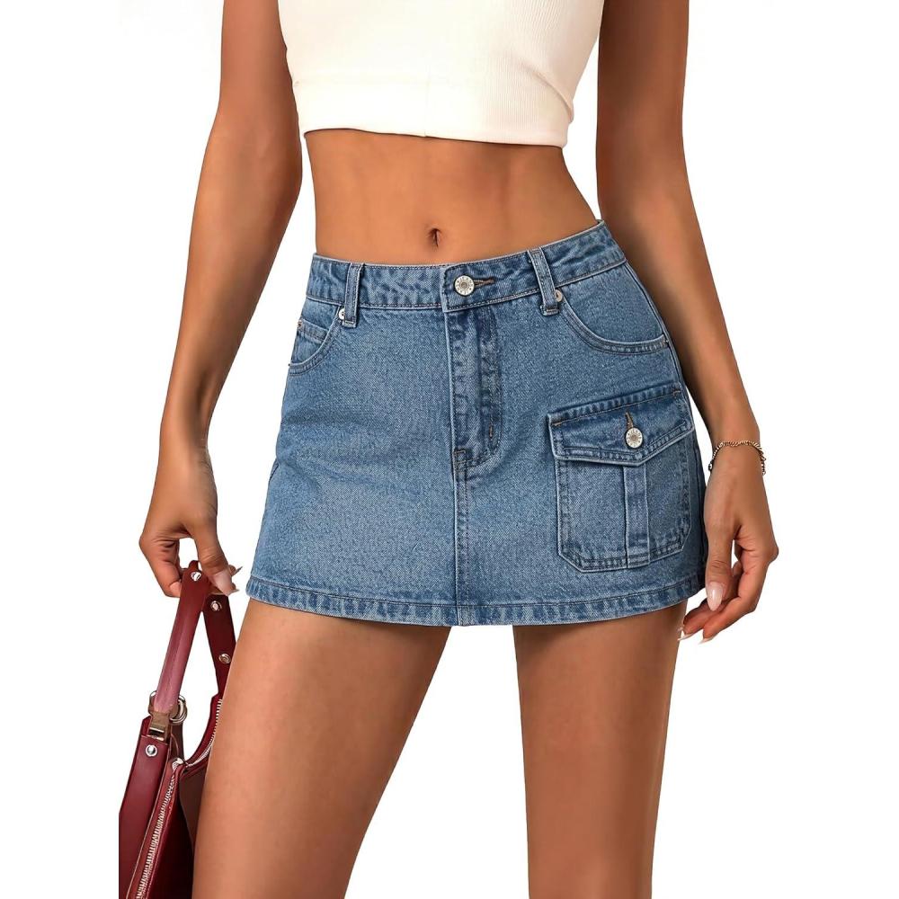 image:imageEMMIOL Jean Skirts for Women Denim Y2k A Line Mini Skirt with Shorts Stretchy Pockets Summer Skort TrendyCargo Blue