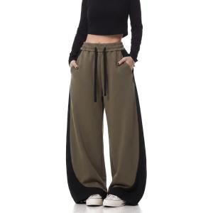 EMMIOL High Waisted Comfy Baggy Y2K Barrel Leg Sweatpants for Women, Contrast Side Wide Leg Streetwear Joggers with Pockets(Green)