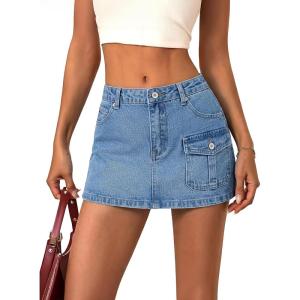 EMMIOL Jean Skirts for Women Denim – Y2k A Line Mini Skirt with Shorts Stretchy Pockets Summer Skort Trendy(Cargo Light Blue)