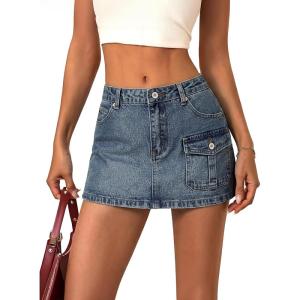 EMMIOL Jean Skirts for Women Denim – Y2k A Line Mini Skirt with Shorts Stretchy Pockets Summer Skort Trendy(Cargo Vintage Blue)