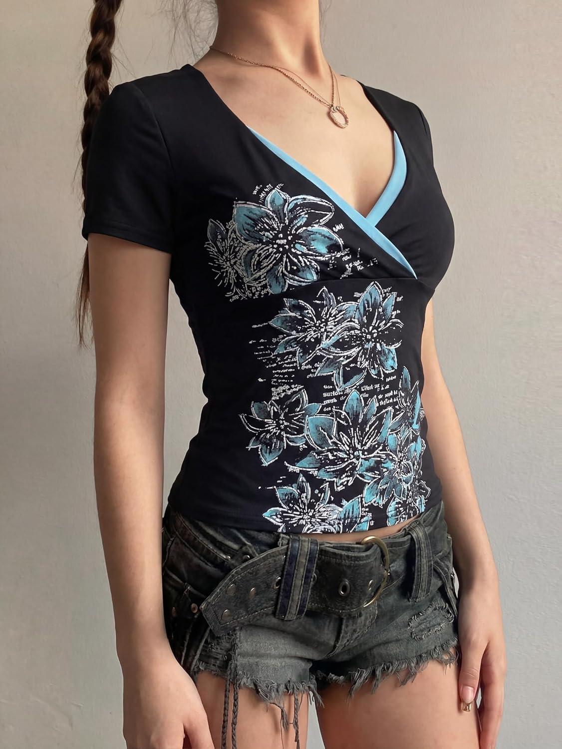 image:imageEMMIOL Y2k Fairy Grunge Short Sleeve Shirts For Women Vintage Floral Print Graphic V Neck Crop Tops Emo Gothic ClothesBlack164