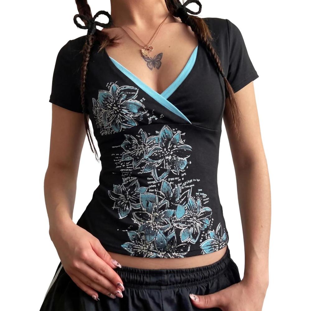 image:imageEMMIOL Y2k Fairy Grunge Short Sleeve Shirts For Women Vintage Floral Print Graphic V Neck Crop Tops Emo Gothic ClothesBlack164