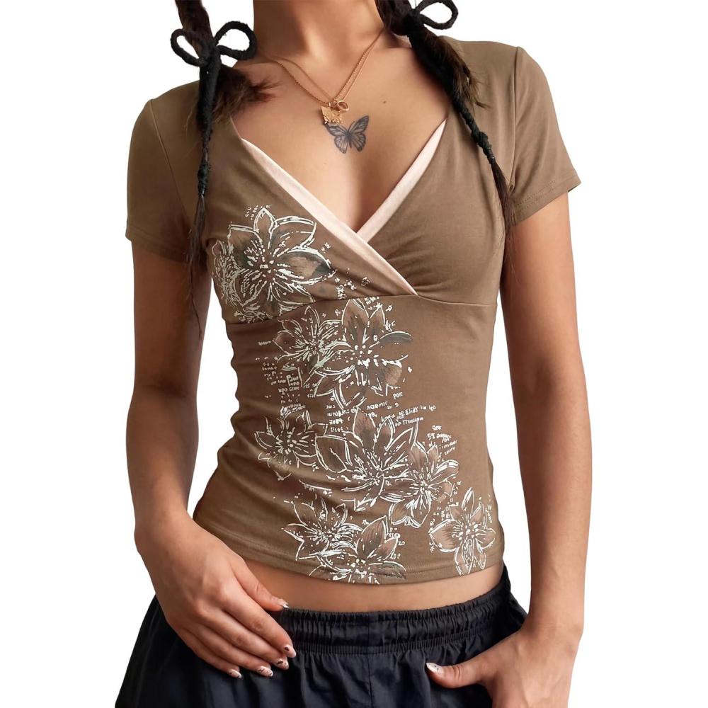 image:imageEMMIOL Y2k Fairy Grunge Short Sleeve Shirts For Women Vintage Floral Print Graphic V Neck Crop Tops Emo Gothic ClothesBrown164