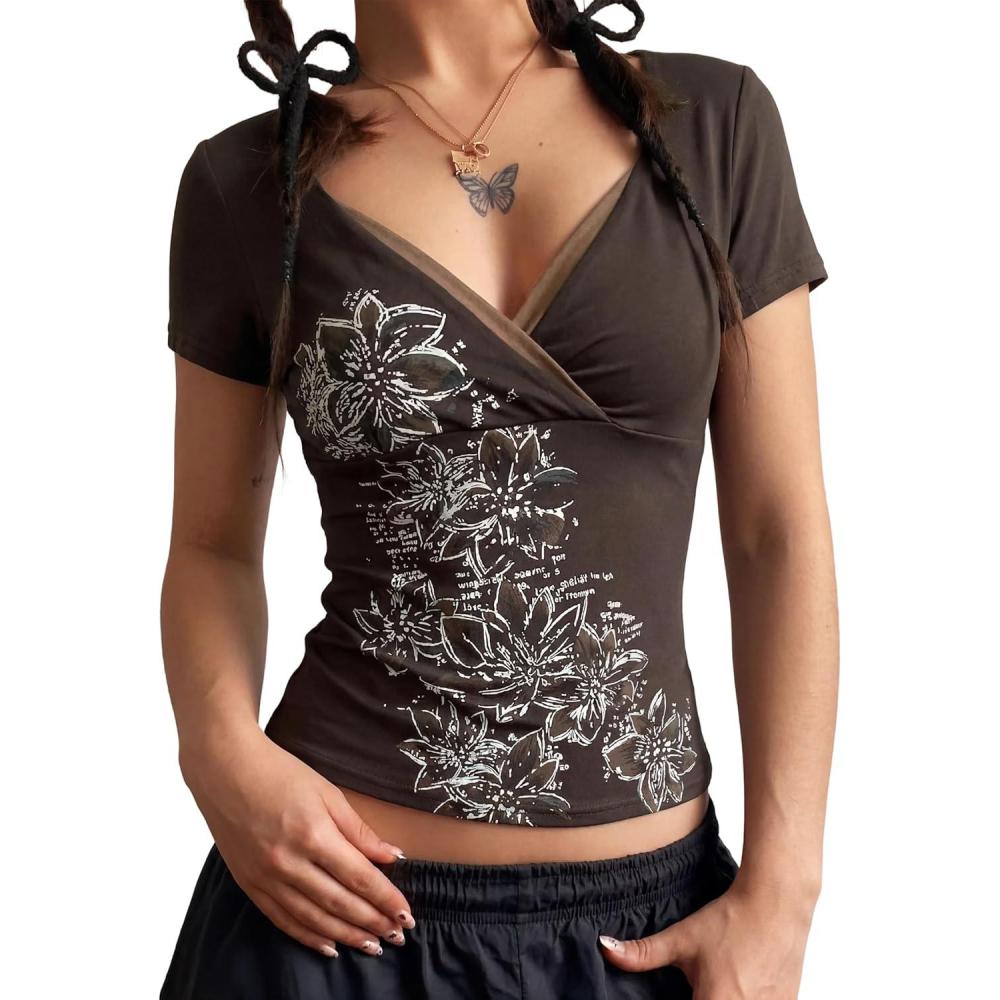image:imageEMMIOL Y2k Fairy Grunge Short Sleeve Shirts For Women Vintage Floral Print Graphic V Neck Crop Tops Emo Gothic ClothesDark Brown164