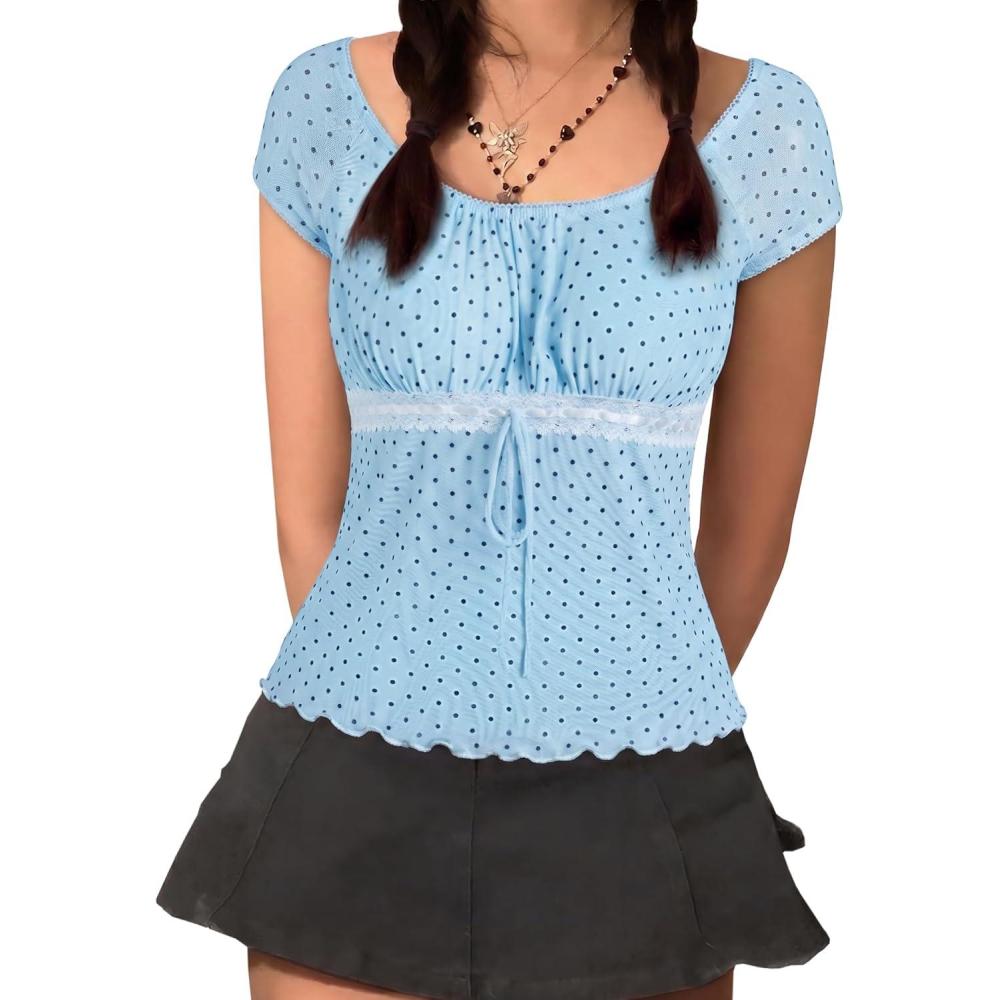 image:imageY2K Mesh Top Women Babydoll Short Sleeve Shirt Scoop Neck Ruffle Hem ClothesBluewhite Dot