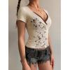 EMMIOL Y2k Fairy Grunge Short Sleeve Shirts For Women – Vintage Floral Print Graphic V Neck Crop Tops Emo Gothic Clothes(Apricot-164)
