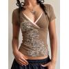 EMMIOL Y2k Fairy Grunge Short Sleeve Shirts For Women – Vintage Floral Print Graphic V Neck Crop Tops Emo Gothic Clothes(Brown-164)