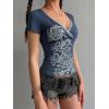EMMIOL Y2k Fairy Grunge Short Sleeve Shirts For Women – Vintage Floral Print Graphic V Neck Crop Tops Emo Gothic Clothes(Navy Blue-164)