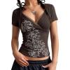 EMMIOL Y2k Fairy Grunge Short Sleeve Shirts For Women – Vintage Floral Print Graphic V Neck Crop Tops Emo Gothic Clothes(Dark Brown-164)
