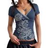 EMMIOL Y2k Fairy Grunge Short Sleeve Shirts For Women – Vintage Floral Print Graphic V Neck Crop Tops Emo Gothic Clothes(Navy Blue-164)
