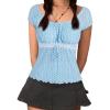 Y2K Mesh Top Women Babydoll Short Sleeve Shirt Scoop Neck Ruffle Hem Clothes(Blue-white Dot)