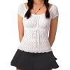 Y2K Mesh Top Women Babydoll Short Sleeve Shirt Scoop Neck Ruffle Hem Clothes(White-blackdot)