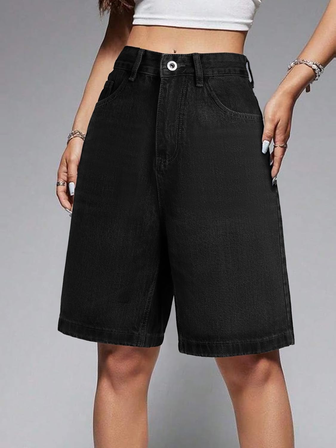 image:imageEMMIOL Women Jorts Baggy Jeans Shorts Knee Length MidLow Waisted Denim Y2K Bermuda Shorts Summer Hot Short Pants StreetwearBlack041