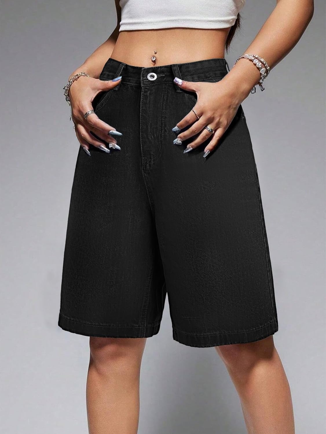 image:imageEMMIOL Women Jorts Baggy Jeans Shorts Knee Length MidLow Waisted Denim Y2K Bermuda Shorts Summer Hot Short Pants StreetwearBlack041