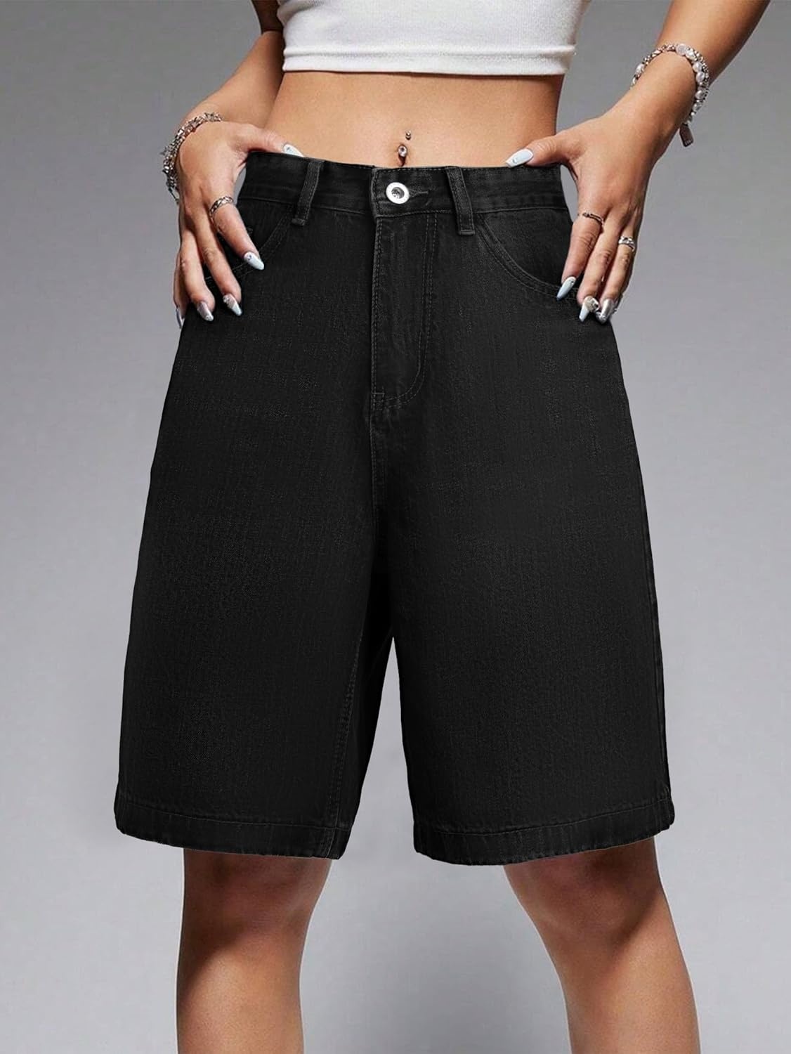 image:imageEMMIOL Women Jorts Baggy Jeans Shorts Knee Length MidLow Waisted Denim Y2K Bermuda Shorts Summer Hot Short Pants StreetwearBlack041