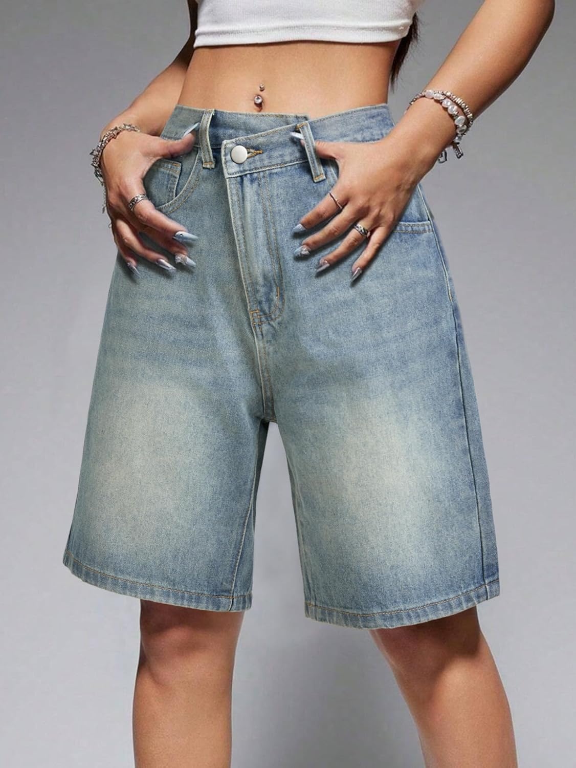 image:imageEMMIOL Women Jorts Baggy Jeans Shorts Knee Length MidLow Waisted Denim Y2K Bermuda Shorts Summer Hot Short Pants StreetwearBlue313