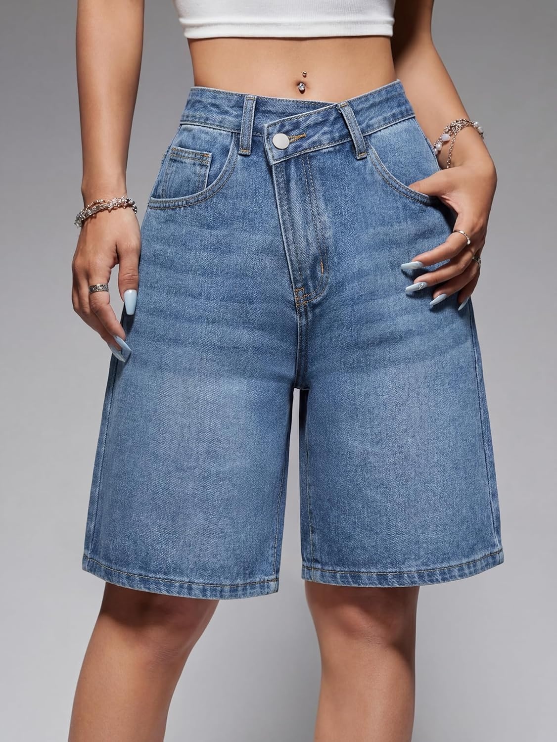 image:imageEMMIOL Women Jorts Baggy Jeans Shorts Knee Length MidLow Waisted Denim Y2K Bermuda Shorts Summer Hot Short Pants StreetwearDenim Blue313