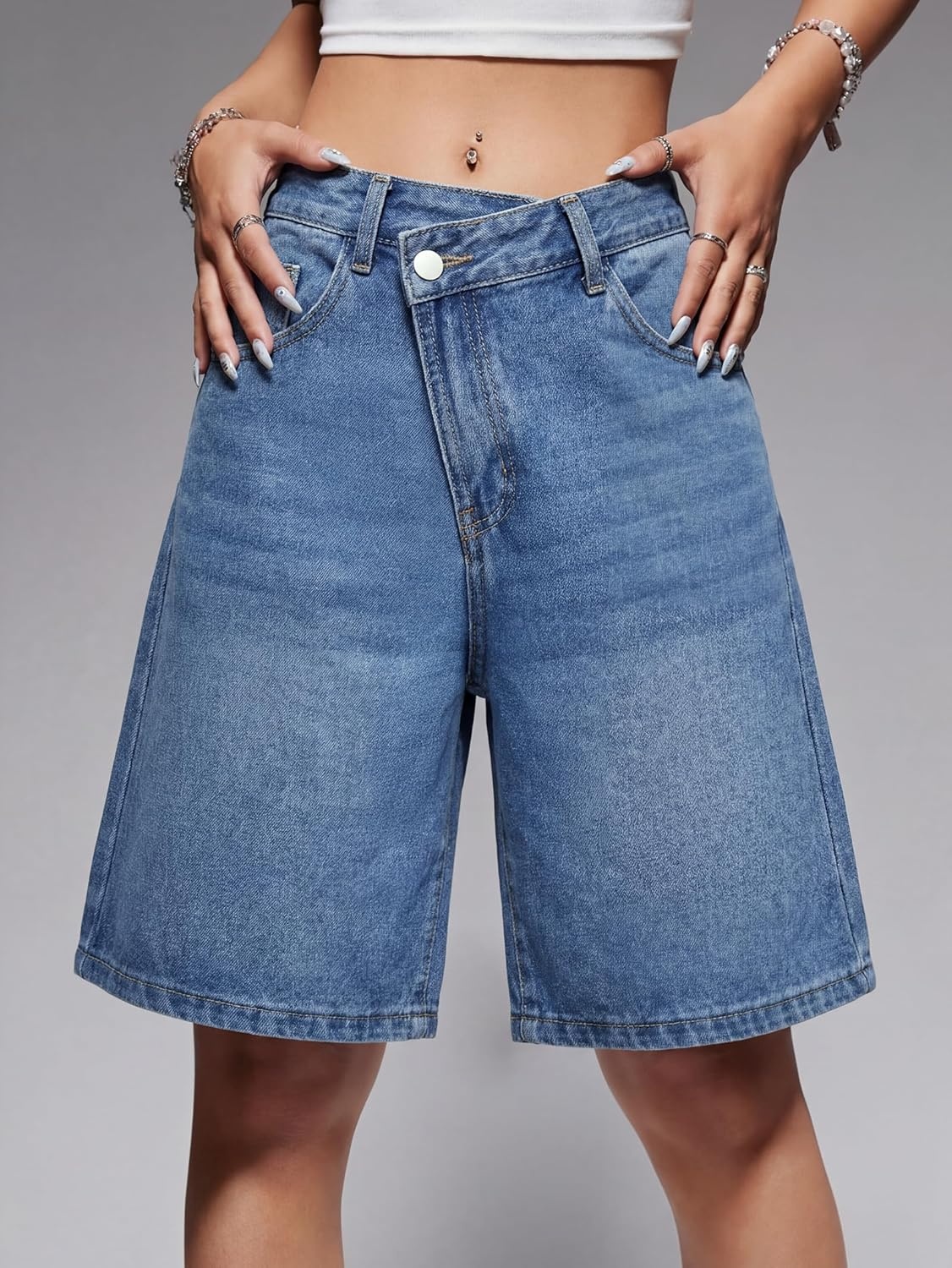 image:imageEMMIOL Women Jorts Baggy Jeans Shorts Knee Length MidLow Waisted Denim Y2K Bermuda Shorts Summer Hot Short Pants StreetwearDenim Blue313