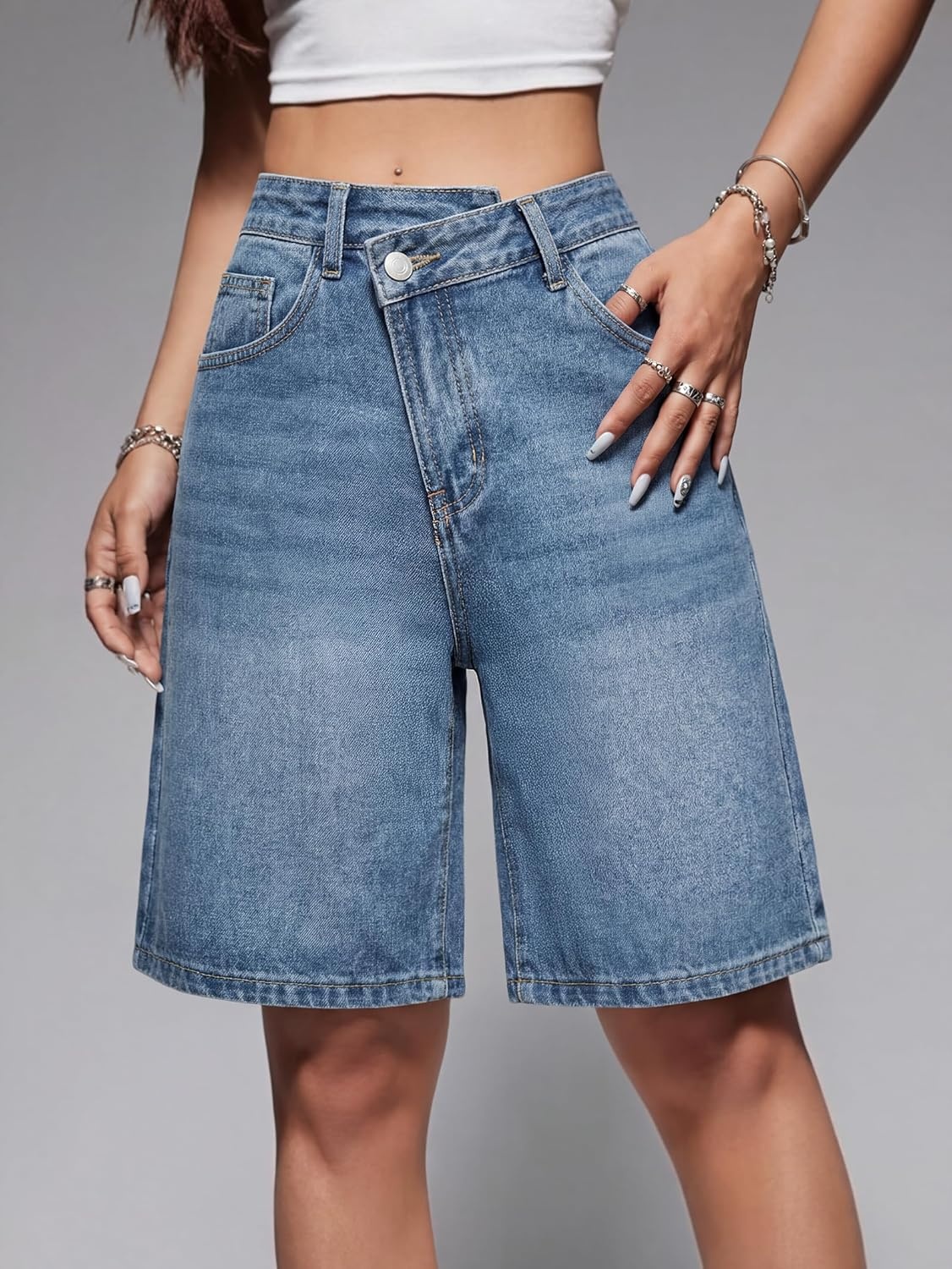 image:imageEMMIOL Women Jorts Baggy Jeans Shorts Knee Length MidLow Waisted Denim Y2K Bermuda Shorts Summer Hot Short Pants StreetwearSky Blue313