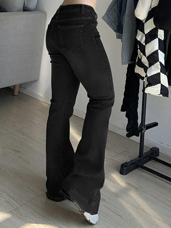 image:imageWomen Bell Bottom Jeans Stretchy Flare Mid Rise Embroidery Vintage Denim Pants 90s Outfits Y2k ClothesBlack