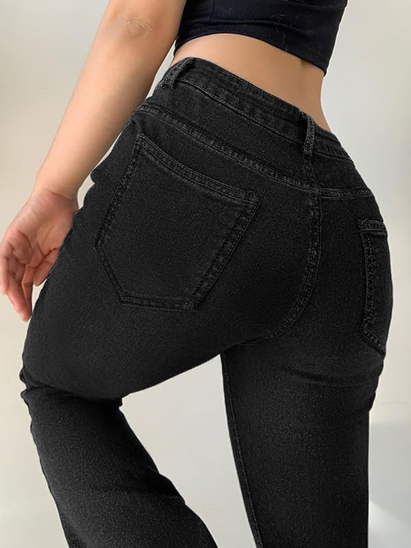 image:imageWomen Bell Bottom Jeans Stretchy Flare Mid Rise Embroidery Vintage Denim Pants 90s Outfits Y2k ClothesBlack