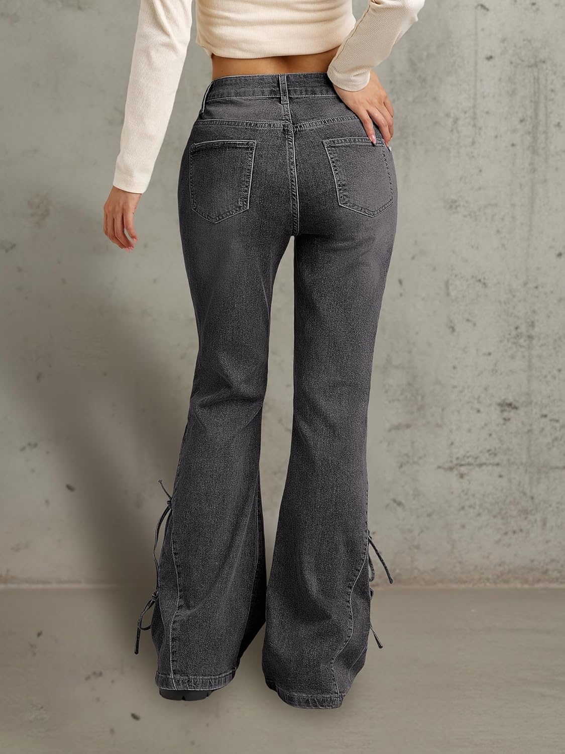 image:imageWomen Bell Bottom Jeans Stretchy Flare Mid Rise Embroidery Vintage Denim Pants 90s Outfits Y2k ClothesBlack Straps