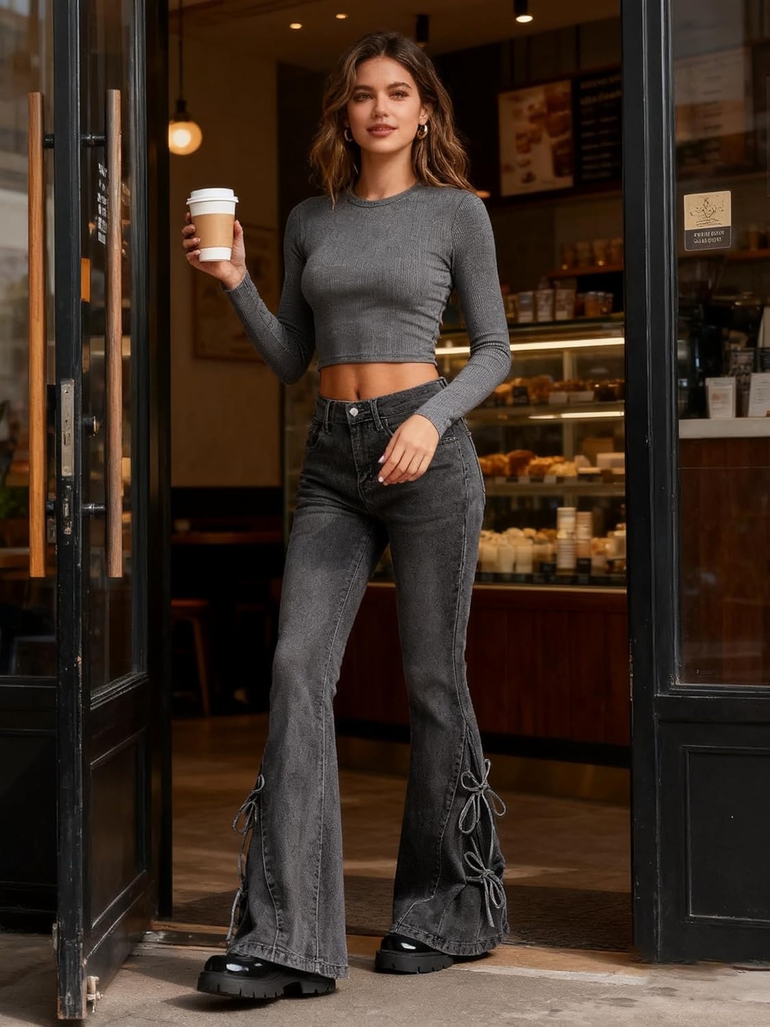 image:imageWomen Bell Bottom Jeans Stretchy Flare Mid Rise Embroidery Vintage Denim Pants 90s Outfits Y2k ClothesBlack Straps