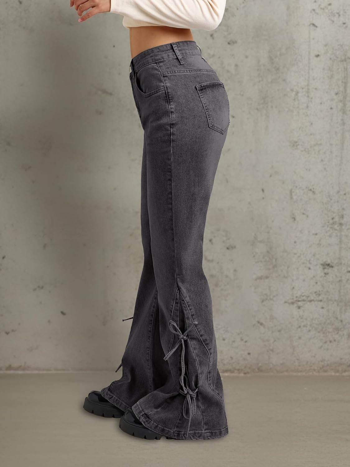 image:imageWomen Bell Bottom Jeans Stretchy Flare Mid Rise Embroidery Vintage Denim Pants 90s Outfits Y2k ClothesBlack Straps