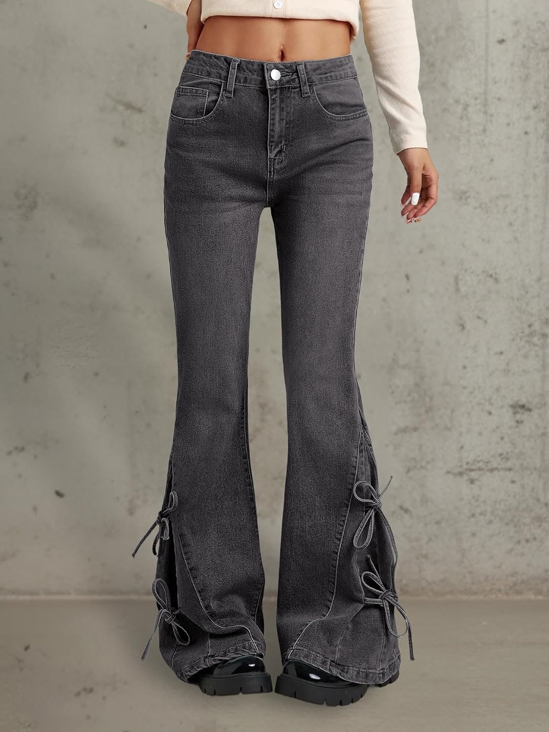 image:imageWomen Bell Bottom Jeans Stretchy Flare Mid Rise Embroidery Vintage Denim Pants 90s Outfits Y2k ClothesBlack Straps