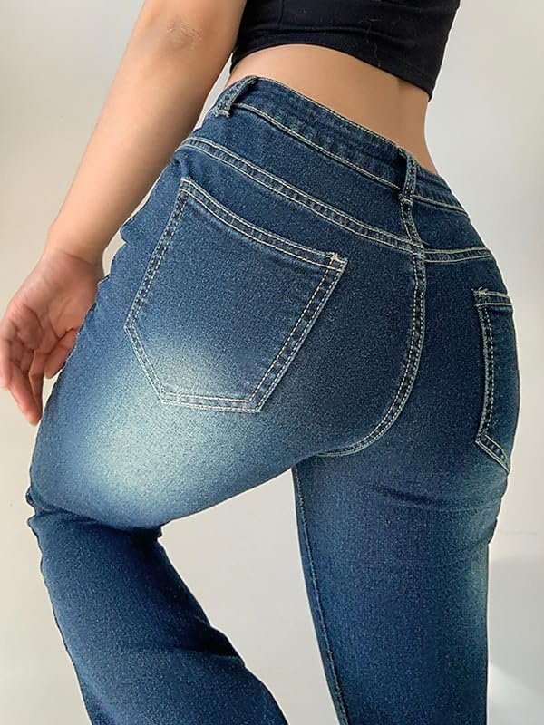 image:imageWomen Bell Bottom Jeans Stretchy Flare Mid Rise Embroidery Vintage Denim Pants 90s Outfits Y2k ClothesDark Washed Blue