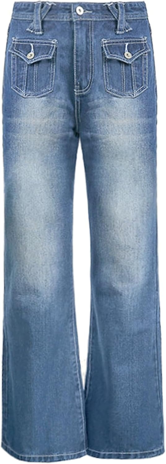 image:imageWomen Bell Bottom Jeans Stretchy Flare Mid Rise Embroidery Vintage Denim Pants 90s Outfits Y2k ClothesLight Blue