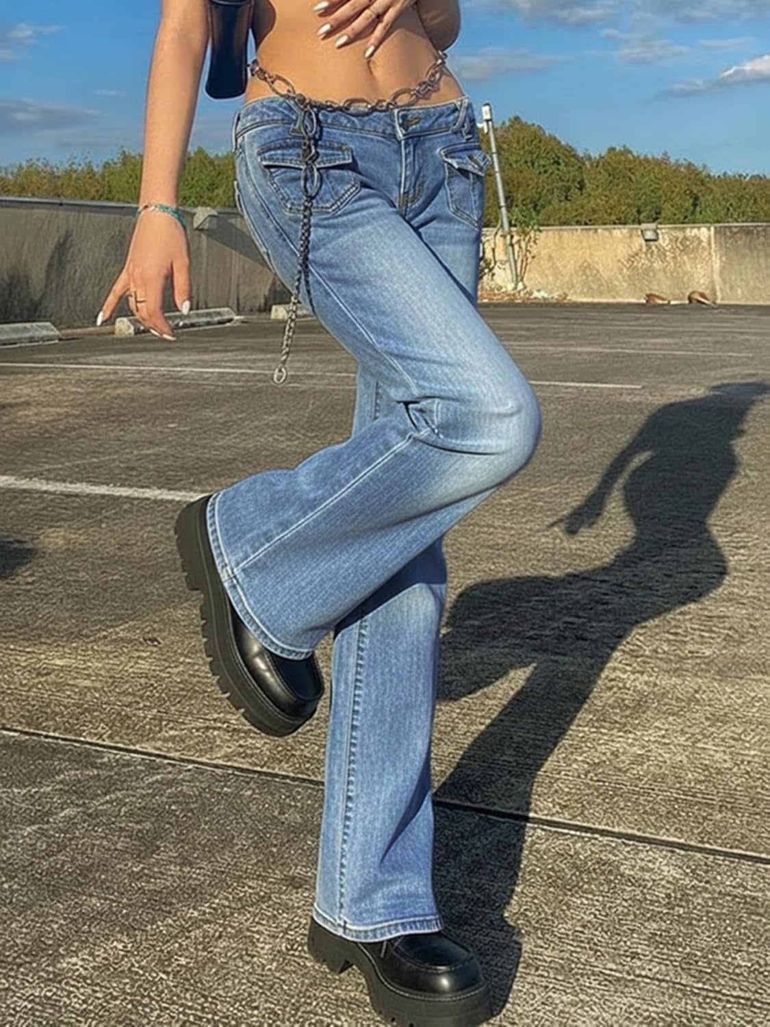 image:imageWomen Bell Bottom Jeans Stretchy Flare Mid Rise Embroidery Vintage Denim Pants 90s Outfits Y2k ClothesLight Blue