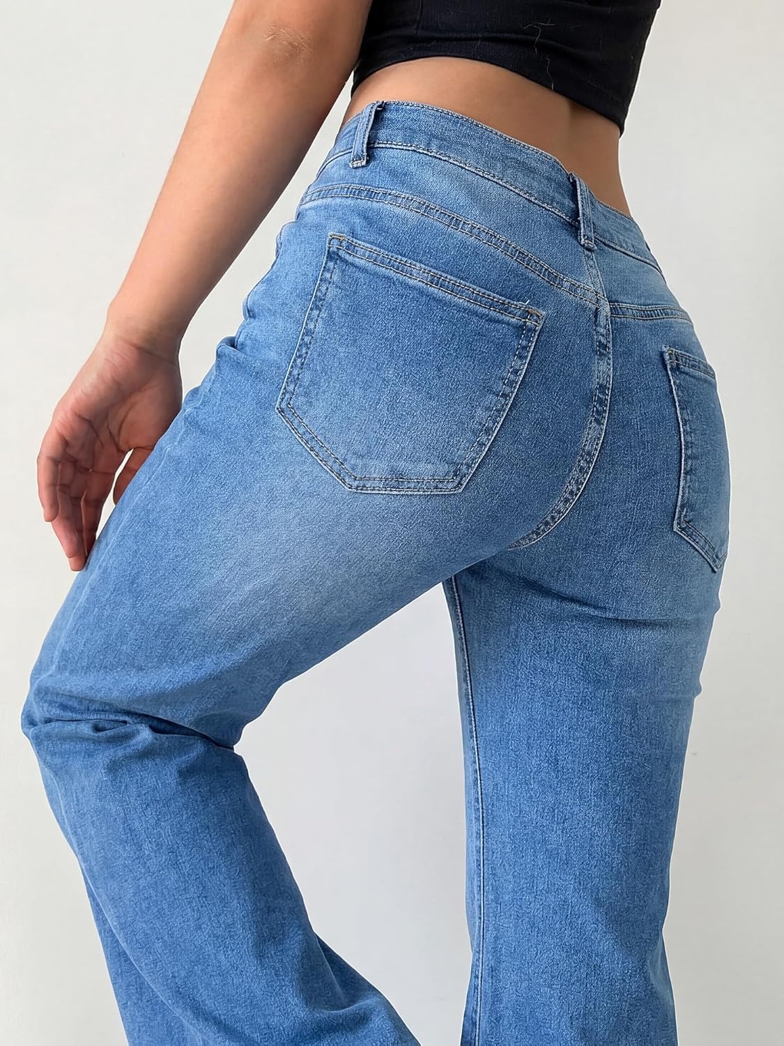 image:imageWomen Bell Bottom Jeans Stretchy Flare Mid Rise Embroidery Vintage Denim Pants 90s Outfits Y2k ClothesMid Blue