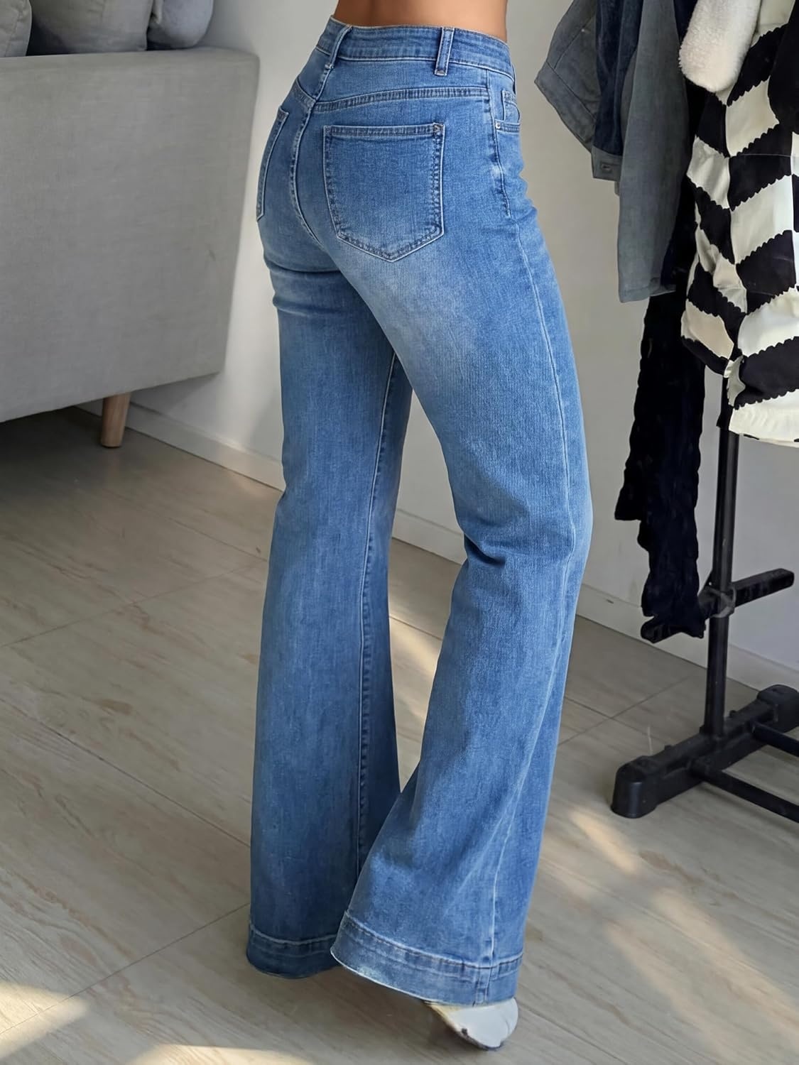 image:imageWomen Bell Bottom Jeans Stretchy Flare Mid Rise Embroidery Vintage Denim Pants 90s Outfits Y2k ClothesMid Blue