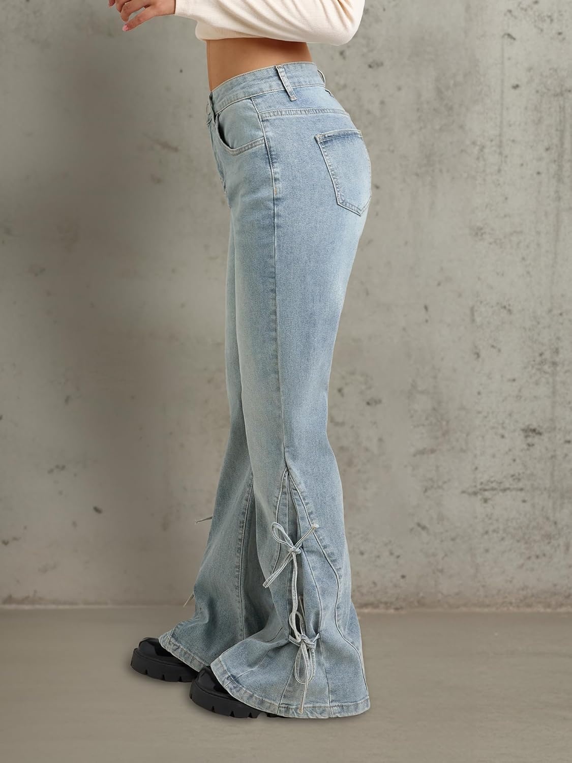 image:imageWomen Bell Bottom Jeans Stretchy Flare Mid Rise Embroidery Vintage Denim Pants 90s Outfits Y2k ClothesRetro Blue
