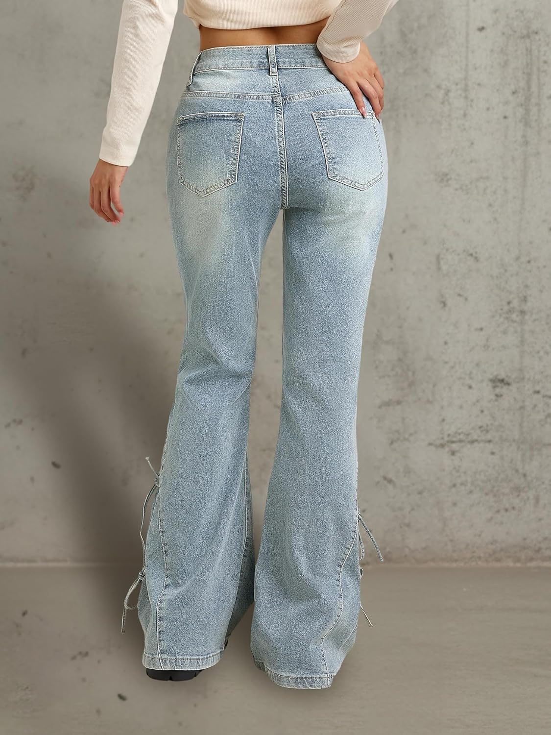 image:imageWomen Bell Bottom Jeans Stretchy Flare Mid Rise Embroidery Vintage Denim Pants 90s Outfits Y2k ClothesRetro Blue