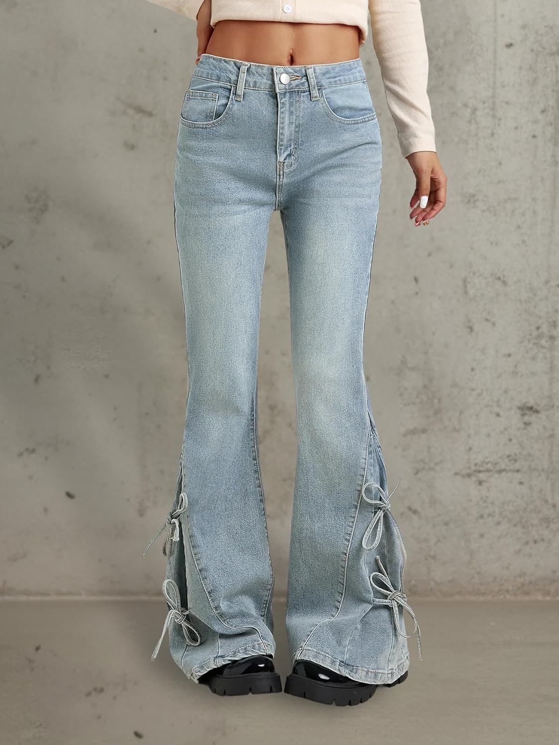 image:imageWomen Bell Bottom Jeans Stretchy Flare Mid Rise Embroidery Vintage Denim Pants 90s Outfits Y2k ClothesRetro Blue