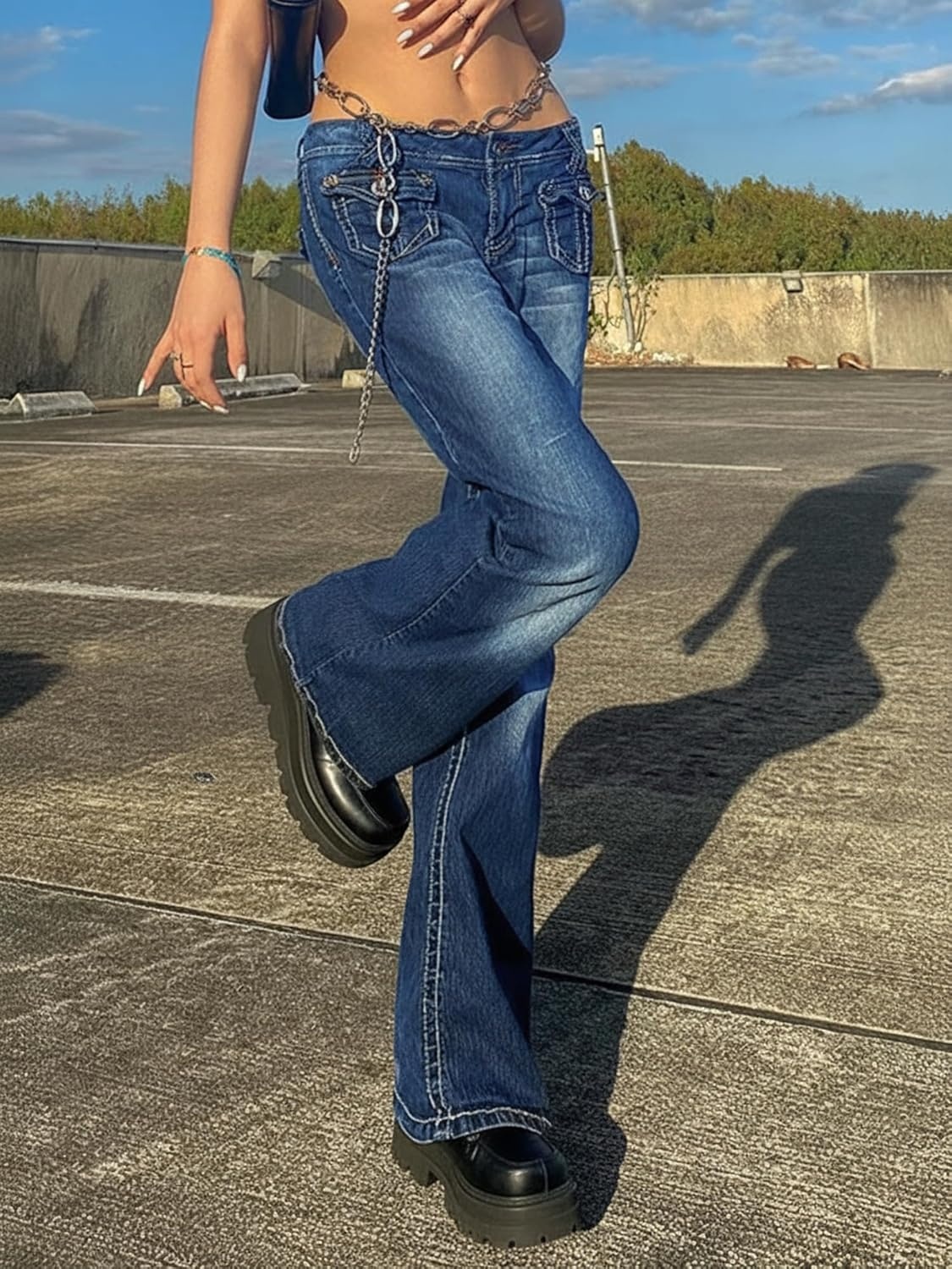 image:imageWomen Bell Bottom Jeans Stretchy Flare Mid Rise Embroidery Vintage Denim Pants 90s Outfits Y2k ClothesZblue